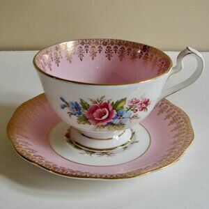 Vintage Fine Bone China Teacup Saucer Pink Floral Gold Gilt Queen Anne England